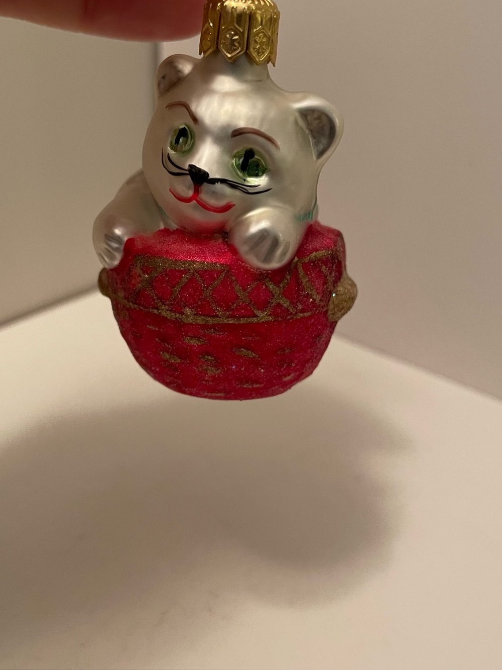 Vintage Christopher Radko "Cozy Cat in Basket" Glass Christmas Ornament 1996